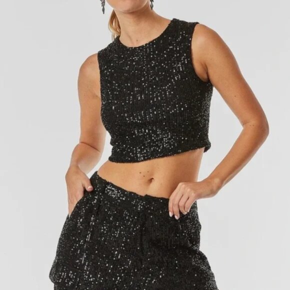 Noli Tops - Noli Sequin Top Black Glam Bling Cropped Sleeveless Womens Size